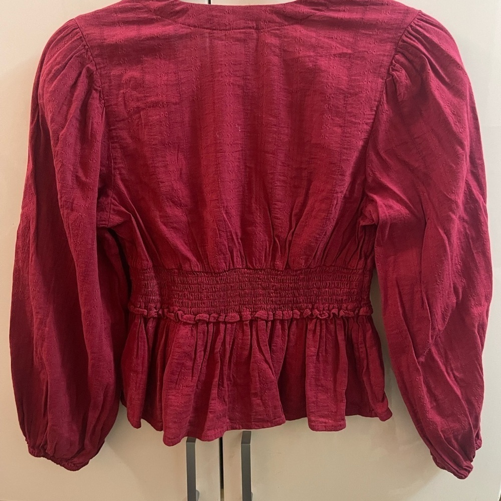 Old Navy Top Blouse Petite Sz XS Puff-Sleeve Wrap-Effect Maroon Color - Picture 3 of 6